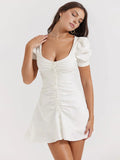 Fongt New Women's White French Sexy Short Dress V Neck Bubble Sleeve Summer Dress
