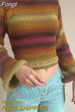 Vintage Rainbow Striped Knitted Sweaters Autumn Winter Crimping Long Sleeve Cropped Pullovers Jumpers Streetwear Chic