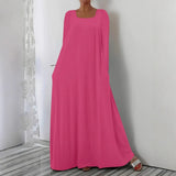 Fongt New Long Dress Casual Loose Long Sleeve Solid Color Collar Dress
