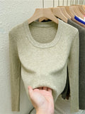 Photos U-neck Knitted Sweater For Women's Autumn Long Sleeved Top Girls Simple Base Jumper GT8311-Outfit