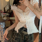 Fairy Lace Patchwork Puff Short Sleeve Blouse-Outfit