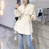 Lady Sailor Collar Shirt Korean Loose Spring Autumn Sashes Commute Female Clothing Single-breasted Casual Basic Blouse-Outfit