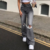 Broken Hole Slim Horn Jeans Woman-Outfit
