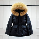 Huge Real Raccoon Fur Hooded Waterproof Winter Duck Down Jacket Women Fashion Female Parkas Sash Tie Up Puffer