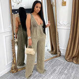 Fongt Women's Jeans Women's New Solid Color Bare Back Sleeveless Loose Jumpsuit