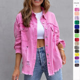 Fongt New Long-Haired Burrowed Denim Jacket Women Autumn Winter Long Sleeve Casual Collar Top