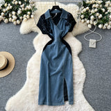 Fongt Fashion Niche Fashion Heavyweight Diamond Lace Splicing Polo Collar Short Sleeves Denim Waist Dress Women's Summer Dress