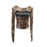 Fongt Shooting Hottie Perspective Dye Mesh Spliced Denim Long-Sleeved Shirt T-Shirt T-Shirt 26121