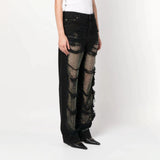 Fongt Spring And Autumn New Trend Broken Hole Mesh Splicing Straight Pants Design Sense Jeans Female-Outfit