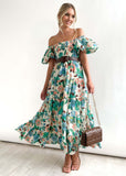 Fongt Summer New Bubble Sleeve Holiday Show Skinny Dress Babes High-Waisted Shoulder-Print Dress Dress Woman