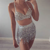 Shiny Sequined 2 Piece Set Women Spaghetti Strap Patchwork Bra Crop Top Bling Tassel Waist Chain Clubwear 2 Pcs