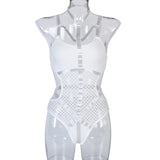 Dark Gothic Fishnet Sexy Bodycon Halter Bodysuits Women Grunge Punk Hollow Out Nightclub Lingerie Patchwork Emo Alt