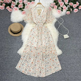 Fongt Wind Temperament Sweet Broken Flower V Collar Dress Beach Vacation Snow Spinning A Word Long Skirt-Outfit