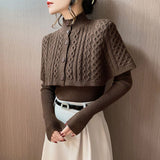 Women Autumn Vintage Sweater Knitted Slim Turtleneck Solid Korean Single Breasted Cardigan Cloak