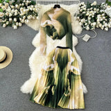 New Advanced Casual Women's Elastic Long Sleeve Pleated Top+High Waist Pleated Half Skirt Printed Skirt 2-piece Set-Outfit