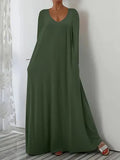 Fongt New Long Dress Casual Loose Short Sleeve Pure Color V Collar Body Size Dress