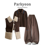 Fongt Collar Vest Folded Over-Wearing Jersey High-Waisted Wide-Legged Trouser Set