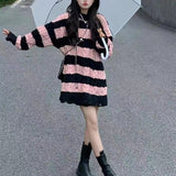 Fongt Cool Soft Waxy Round Collar Stripe Hole Hollow Out Sweater Loose Lazy Wind Design Sense Small Medium Long Sweater-Outfit