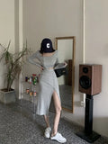 Fongt New Suit Hottie Exposed Umbilled Long-Sleeved Top + High Waist Open Half-Body Bag Skirt Two