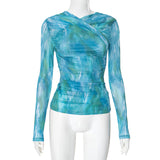 Fongt Women's Autumn And Winter Cross-Neck Folding Folding Waist Dyed Printing Mesh Yarn