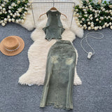 Fongt Water Wash To Make The Old Hanging Neck Sleeveless Collar Collar With Denim Top Two Sets Of Fork Repair Skirts
