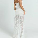 Fongt Sexy Lace Splicing Chest-Shaped Folding Sling Dress With Hottie Open Fork Mesh Dress