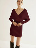 Fongt New Women's Fashion Temperament Cross V-Neck Bat Pack Hip Knitted Dress