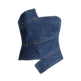 Fongt Hot Girls Wind Niche Design 2024 Autumn Style Wipe Chest Irregular Slim Jeans Patchwork Jacket Women-Outfit