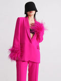 Fongt New Temperament Top Collar With Diamond Design Sense Cuff Stitching Ostrich Hair Long Sleeve Suit Spring Style-Outfit