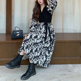 Two Pieces Broken Flowers Patchwork Dresses Female Clothing Elegant V-Neck Spring Autumn Fashion Drawstring Bow Midi Dress-Outfit