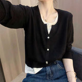 Fongt Two V-Neck Knitted Women's 2025 New Loose Thin Tops Long-Sleeved Sweater Bottom Shirt