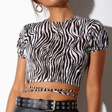 Fashion Street Stripes Leopard Printed Open Back T-shirts Women Summer Stylish Pullovers O Neck Tie Up Slim Fit Crop
