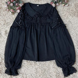 Style Sweets Lolita Blouse Women Kawaii Lace Peter Pan Collar JK Shirts Girls Chic Long Lantern Sleeve Black White Blouses-Outfit