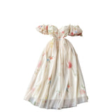 Fongt One-Word Shoulder-Scaring Dress Women's Summer Gentle Wind To Close The Waist Mashed Flowers Bubble Sleeve Yarn Fairy Dress