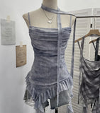Fongt Shooting Round Neck Fluttering Dye Printing Irregular Lotus Leaf Side Mesh Slings Slings Sleeveless Top 1218