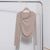 Side Bow Tie Design Folded Long-Sleeved T-Shirt Slim Thin Autumn Dress T-Shirt Short Top