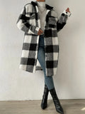Fongt And Winter Buckle Collar Plush Lattice Coat Loose Temperament Commute Long Coat Woman