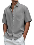 Fongt New Men's Solid Color Loose Comfortable Buffly Striped Short-Sleeved Button Lining