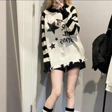 Black White Striped Sweaters Mujer 2024 New Star Letter Print Tops Women Y2k Autumn Long Sleeve Hole Pullovers-Outfit