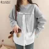 ZANZEA Autumn Striped Blouse Women Long Sleeve Fake Two Pieces Shirt Casual Pullover Oversize Blusas Patchwork Top
