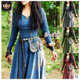 Fongt Autumn And Winter Women Solid Color Waist Long Sleeve Dress Retro National Style Collar