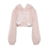 Kawaii Hoodies Womencute Pink Cat Embroideery Plush Cropped Ears Hoodie Korean Style Sweatshirt Y2k Short Pullover Tops-Outfit