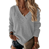 Fongt New Sweater Women's Autumn And Winter Solid Color V-Neck Long-Sleeved Knitted Shirt