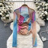 Fongt Girls Tie-Dye Mesh Jersey Long-Sleeved T-Shirt Girl Thin Perspective Temperament Fashion Folding Top