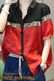 Summer Short Sleeve Polo-Neck Single Breasted Contrast Colors Splicing Blouses 2023 Loose All-match Korean Top