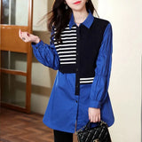 Striped Casual Loose Patchwork Blouse Spring Autumn Turn-down Collar Women's Clothing Single-breasted Shirring Shirt New-Outfit