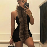 Fongt 2025 Autumn New Women's Sexy Hanging Neck Hairy Neck Stitching Bump Color Bag Hip Dress