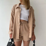 Fongt Women's Wrinkle Collar Long-Sleeved Shirt High-Waisted Rope Shorts Fashion Casual Two-Piece Set