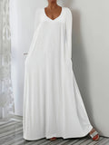 Fongt New Long Dress Casual Loose Short Sleeve Pure Color V Collar Body Size Dress