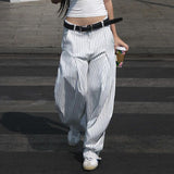 Fongt Contracted Wind Languid Lazy Feeling Stripe Casual Pants Female Versatile Low Waist Loose Straight Tube Woven Trousers-Outfit